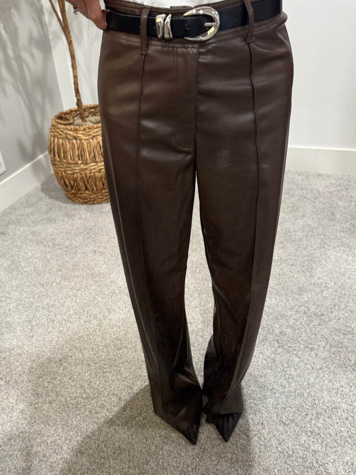Pintuck Wide Leg Faux Leather Pant | Brown