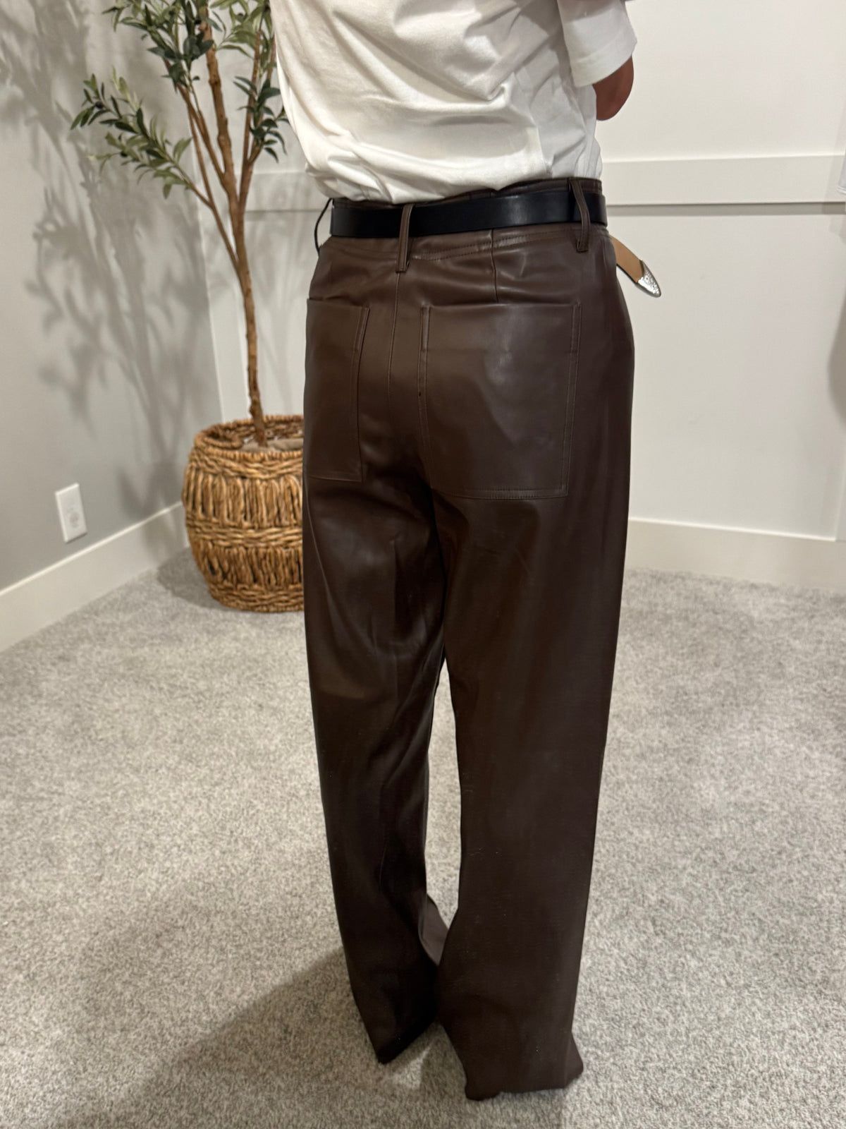 Pintuck Wide Leg Faux Leather Pant | Brown