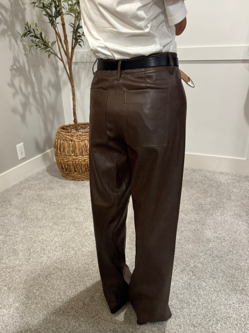 Pintuck Wide Leg Faux Leather Pant | Brown