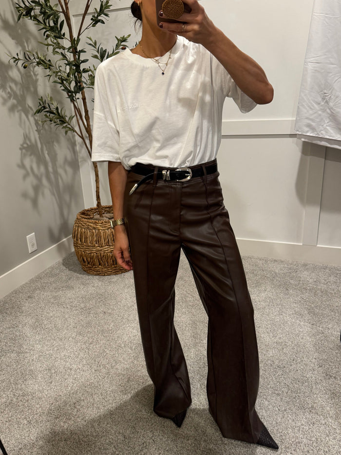Pintuck Wide Leg Faux Leather Pant | Brown