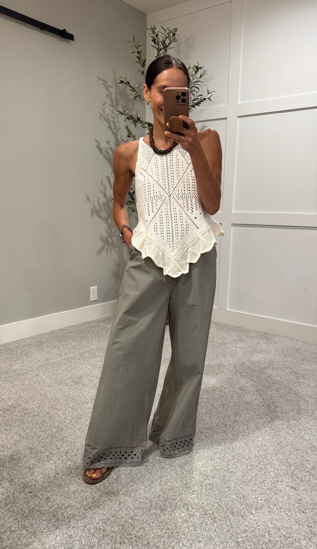 Pointelle Crochet-Knit Top | Cream