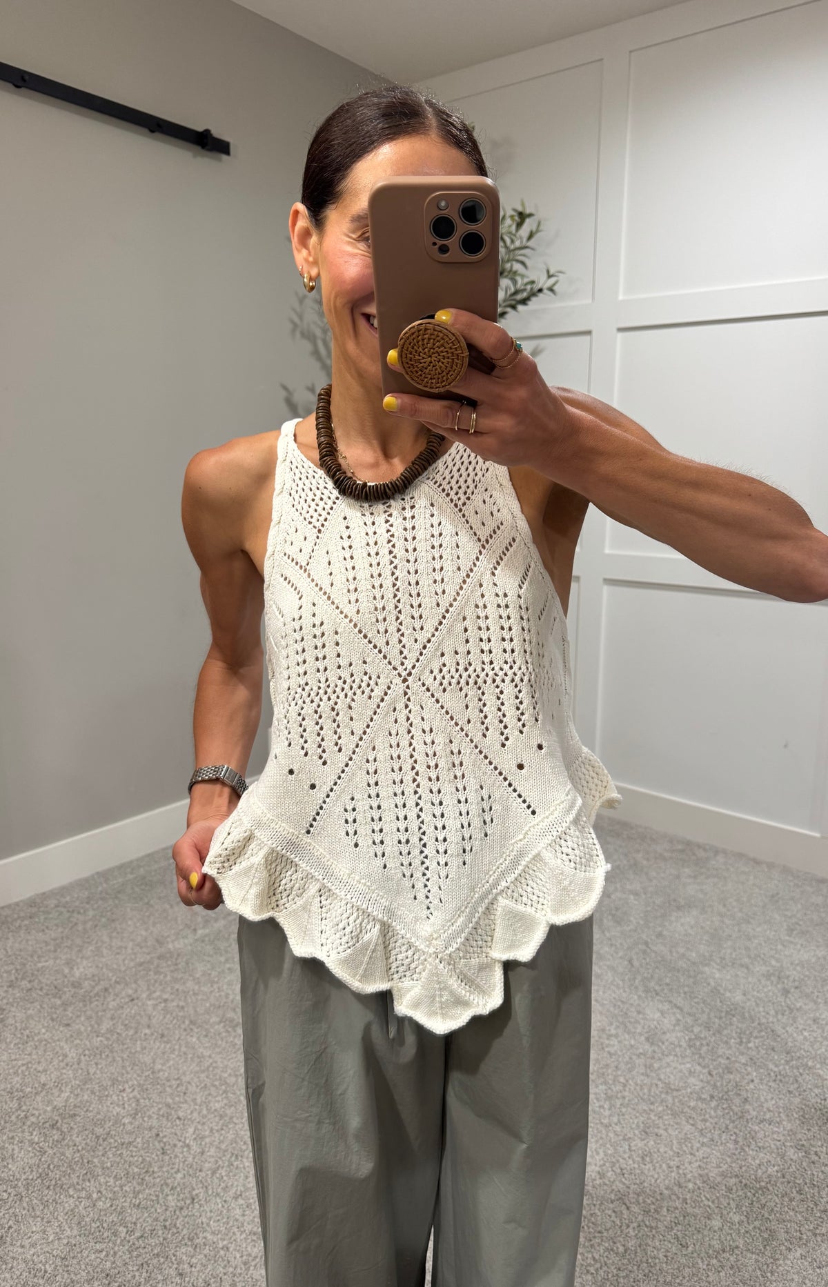 Pointelle Crochet-Knit Top | Cream