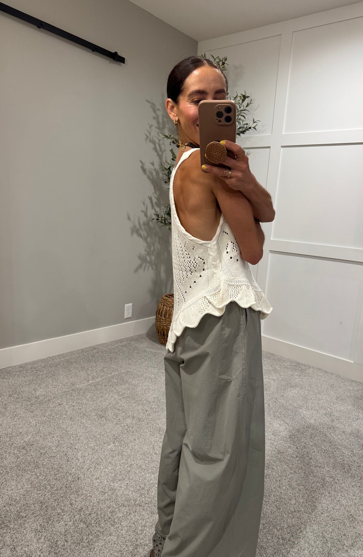 Pointelle Crochet-Knit Top | Cream