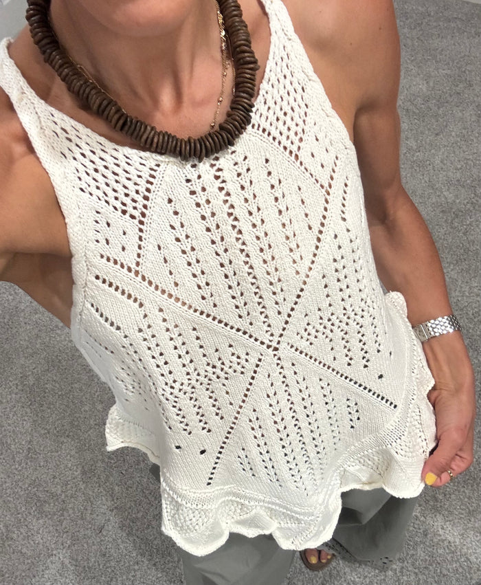Pointelle Crochet-Knit Top | Cream
