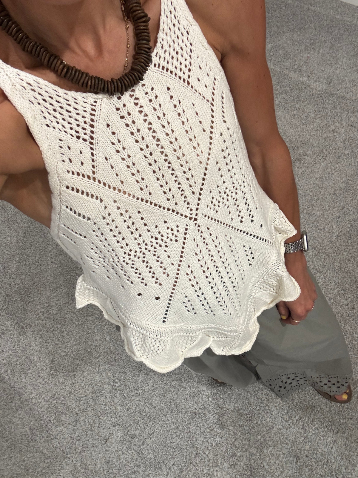Pointelle Crochet-Knit Top | Cream