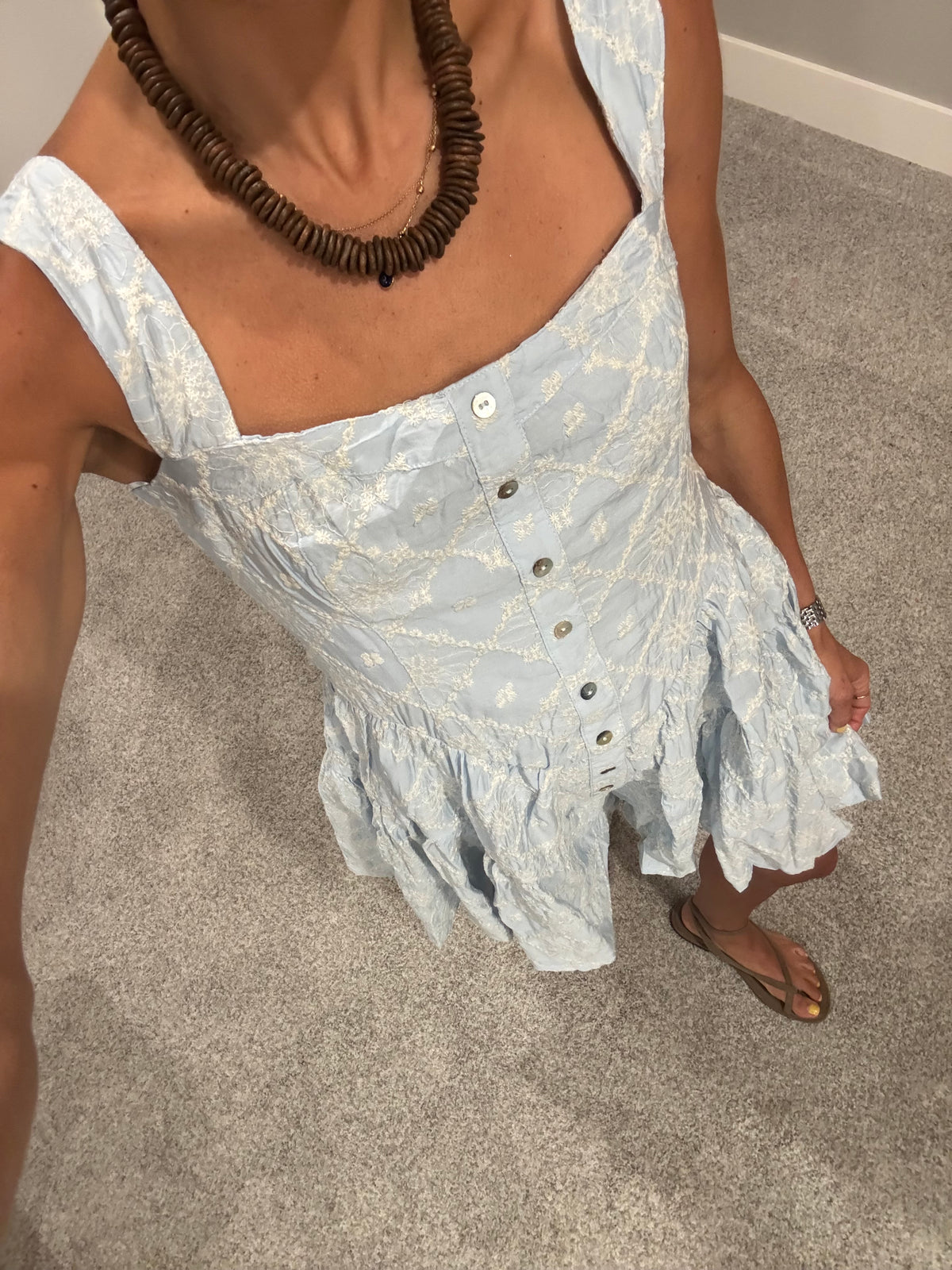 Embroidered Woven Romper | Light Chambray
