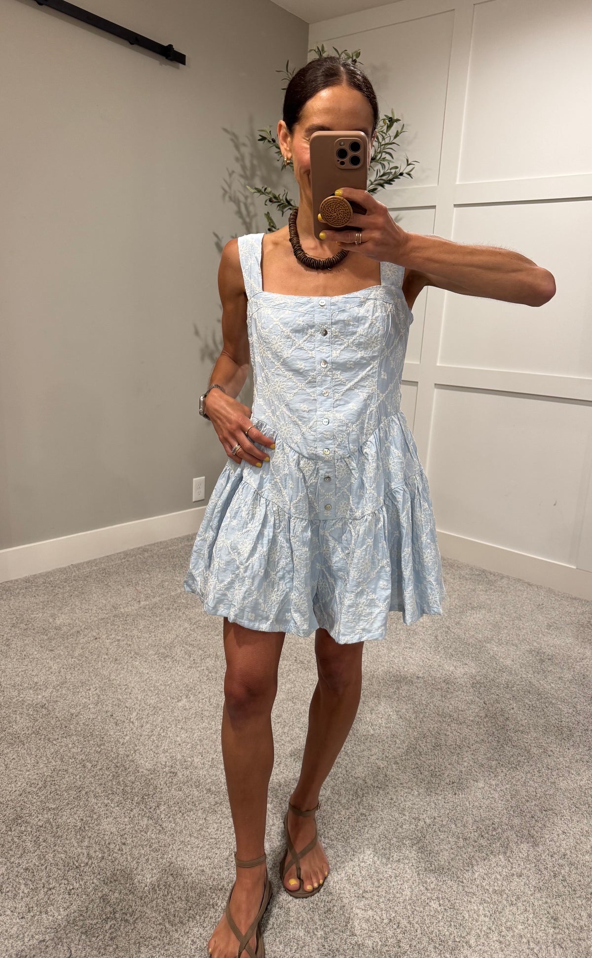Embroidered Woven Romper | Light Chambray