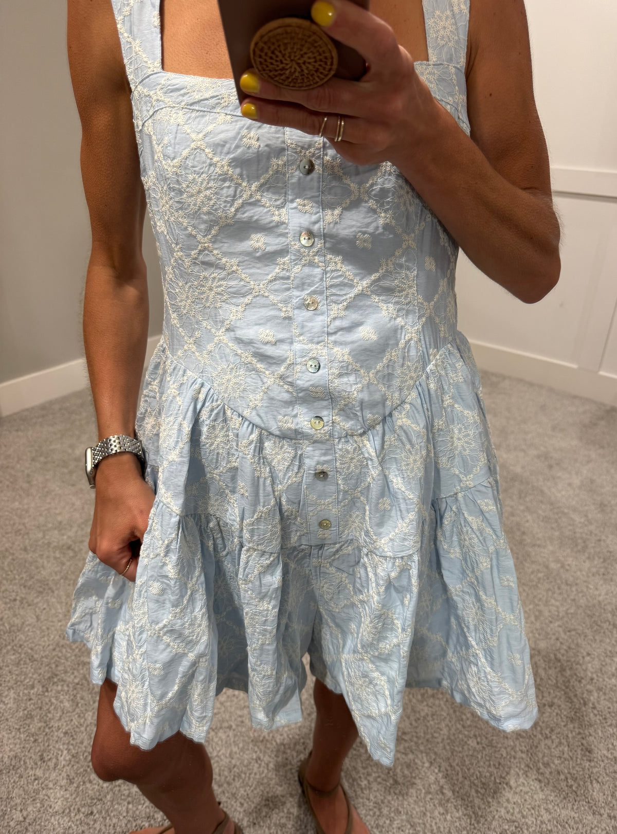 Embroidered Woven Romper | Light Chambray