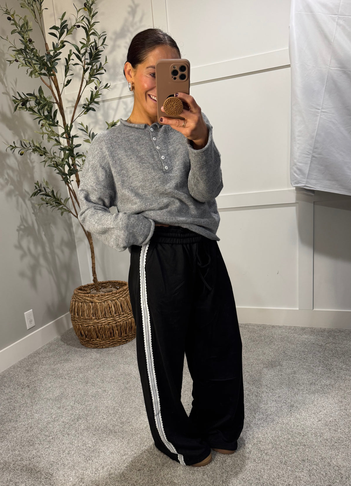 Lace Trim Wide-Leg Track Pant | Black
