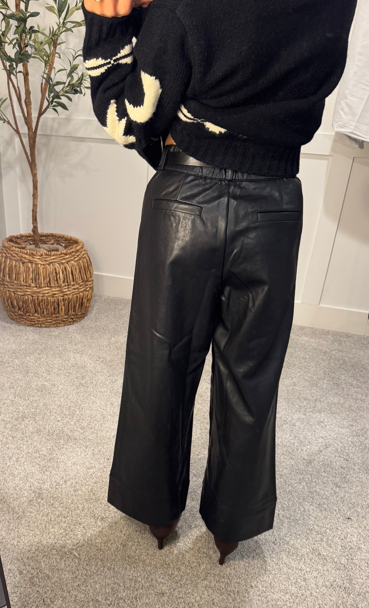 Wide Straight Leg Faux Leather Pants | Black