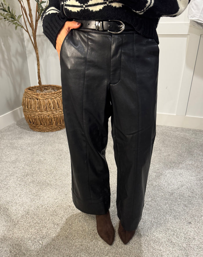 Wide Straight Leg Faux Leather Pants | Black