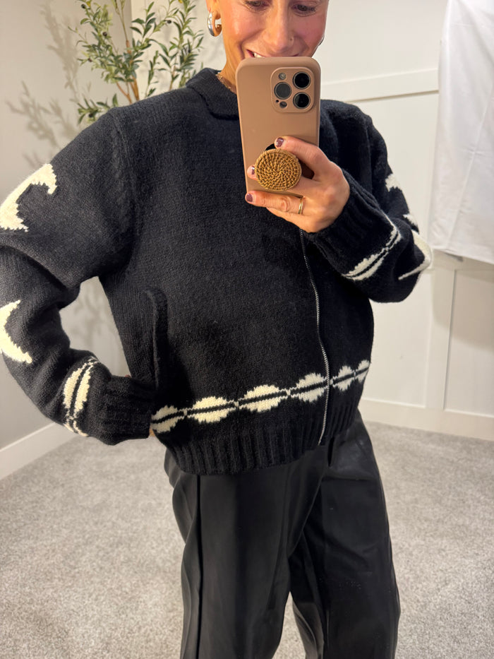 Cozy Pattern Zip Sweater Jacket | Black