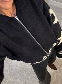 Cozy Pattern Zip Sweater Jacket | Black