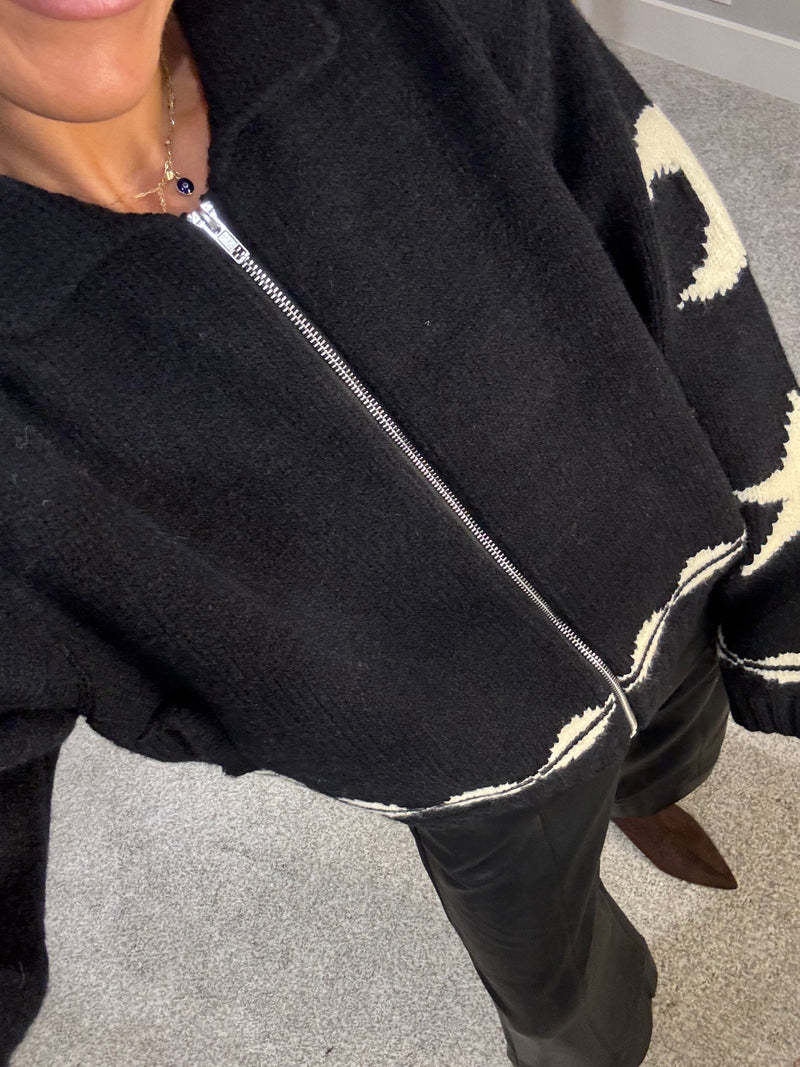Cozy Pattern Zip Sweater Jacket | Black