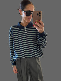 Theta Quarter Button Stripe Collared Top | Navy & Green