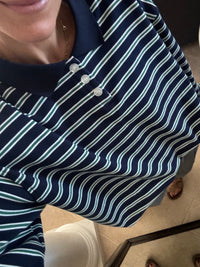 Theta Quarter Button Stripe Collared Top | Navy & Green