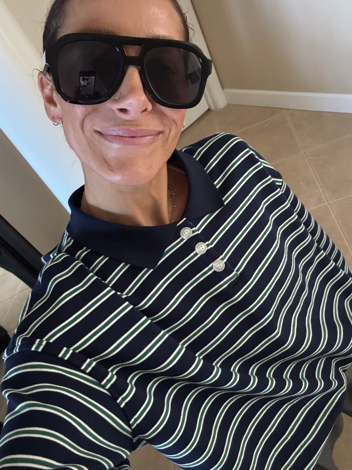 Theta Quarter Button Stripe Collared Top | Navy & Green