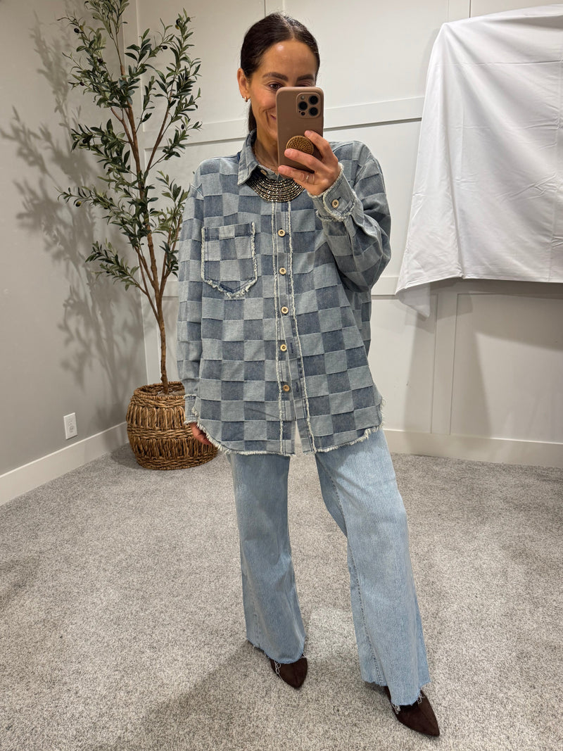 Frayed Edged Checkered Denim Shirt
