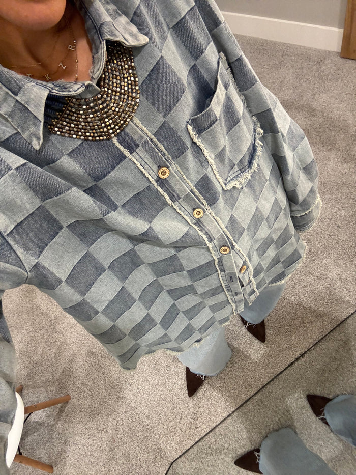 Frayed Edged Checkered Denim Shirt