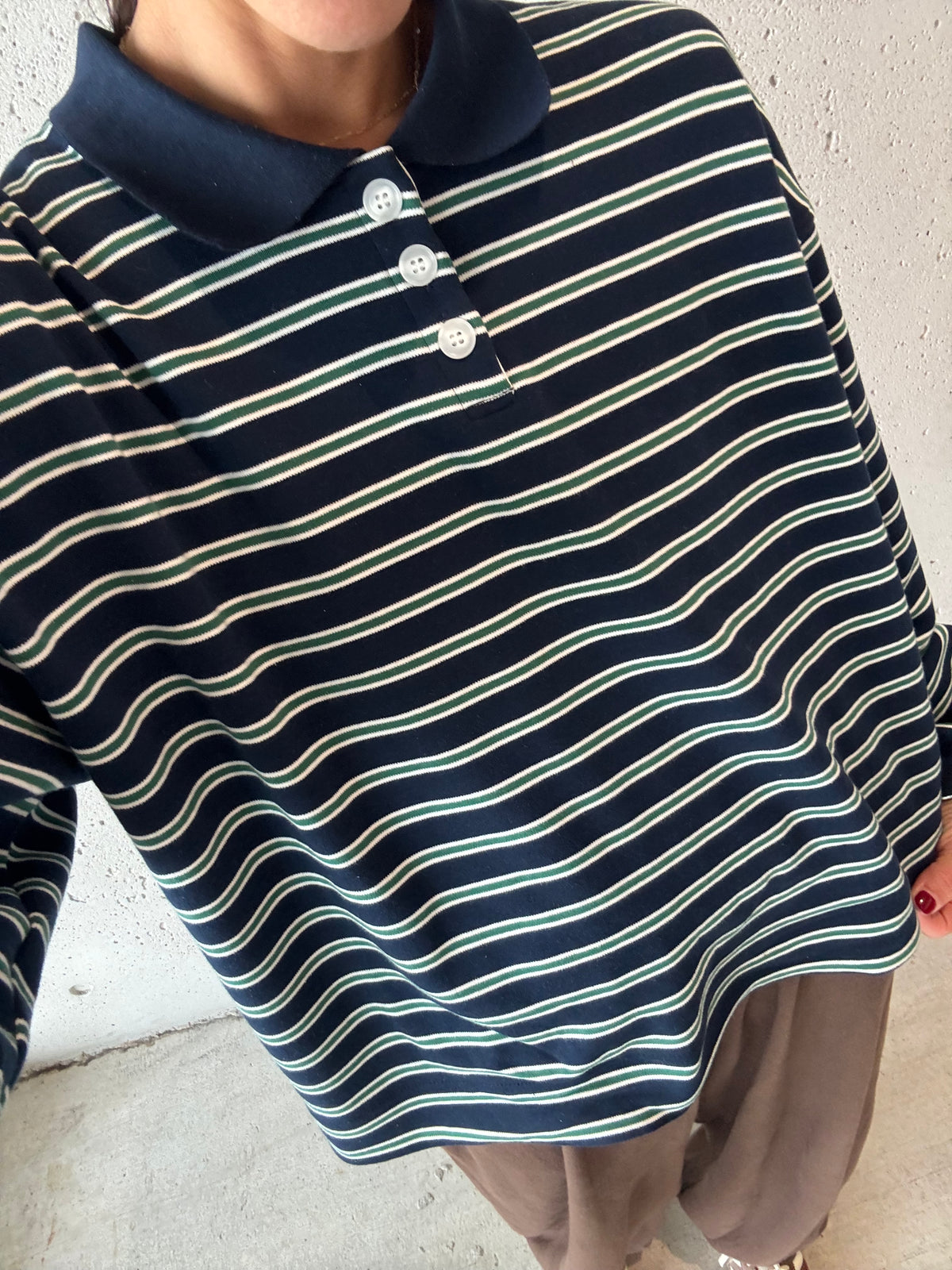 Theta Quarter Button Stripe Collared Top | Navy & Green