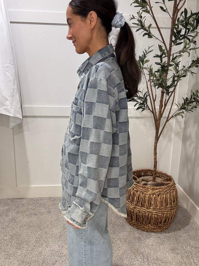 Frayed Edged Checkered Denim Shirt