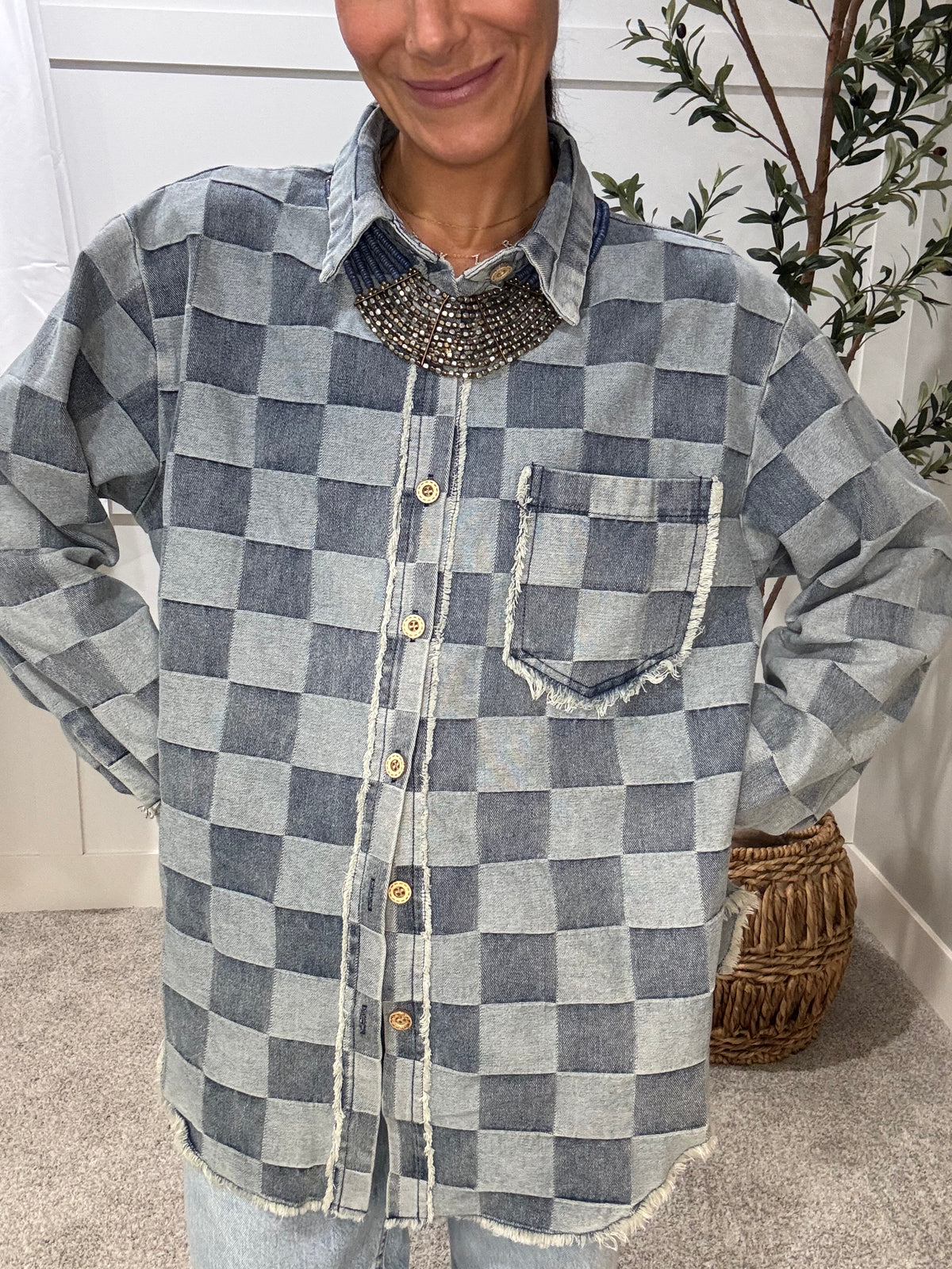 Frayed Edged Checkered Denim Shirt