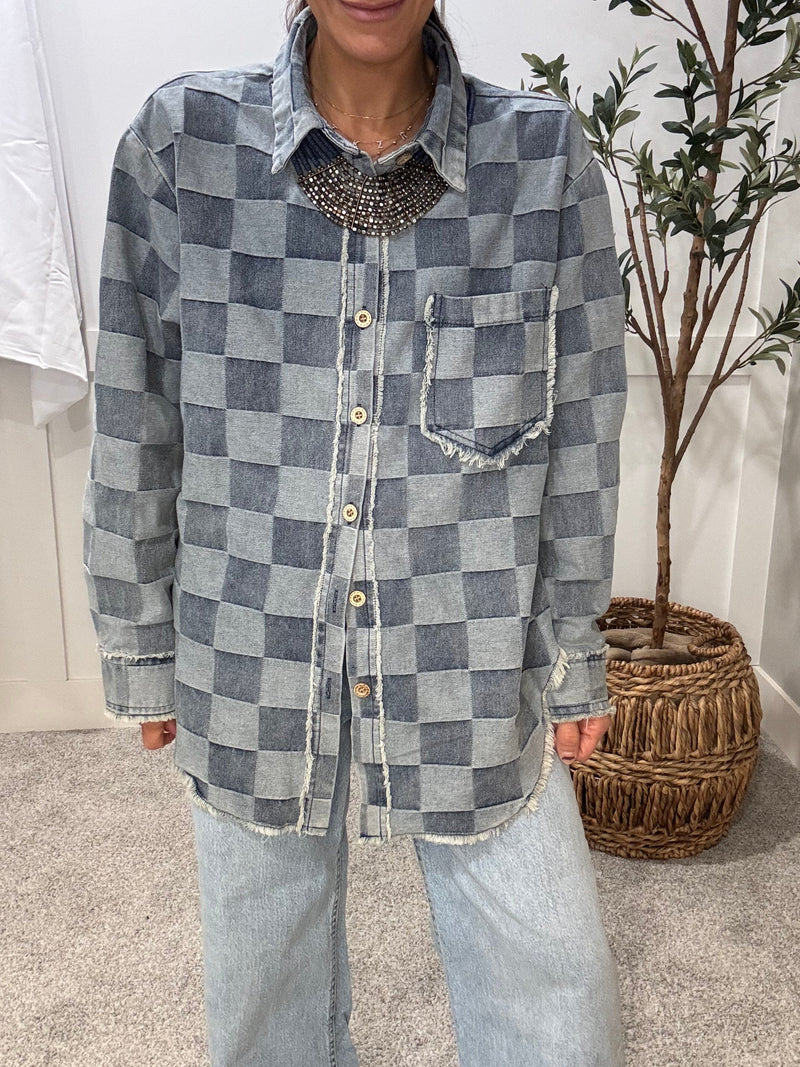 Frayed Edged Checkered Denim Shirt