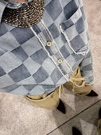Frayed Edged Checkered Denim Shirt