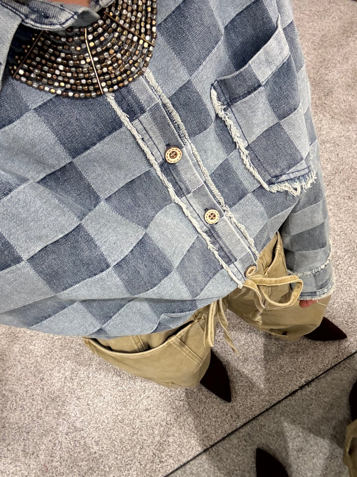 Frayed Edged Checkered Denim Shirt