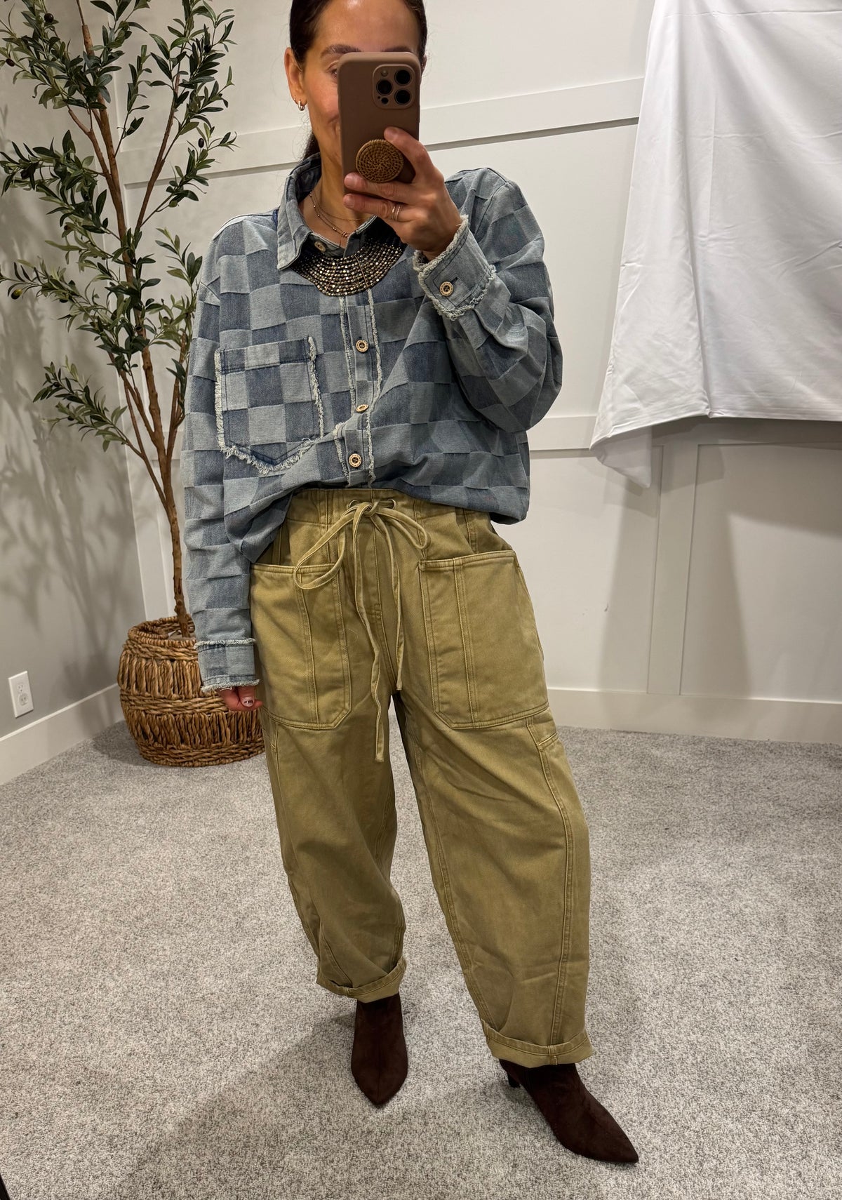 Frayed Edged Checkered Denim Shirt