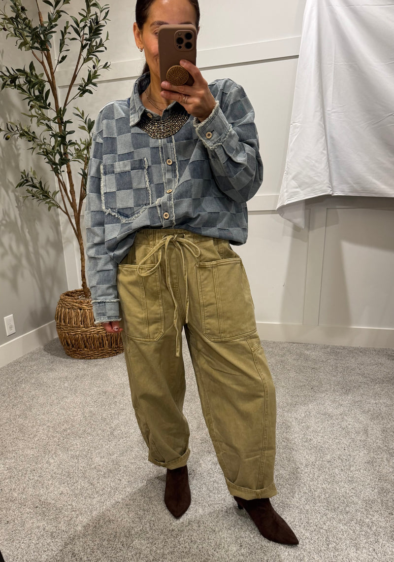 Frayed Edged Checkered Denim Shirt