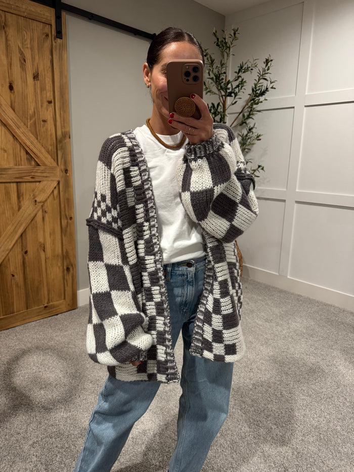 Oversized Checkered Open Cardigan | Dark Grey