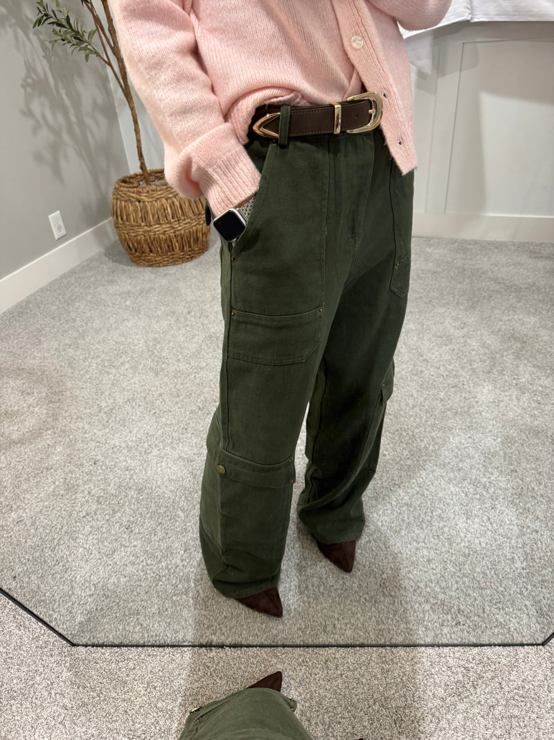 Olive Detailed Twill Pants