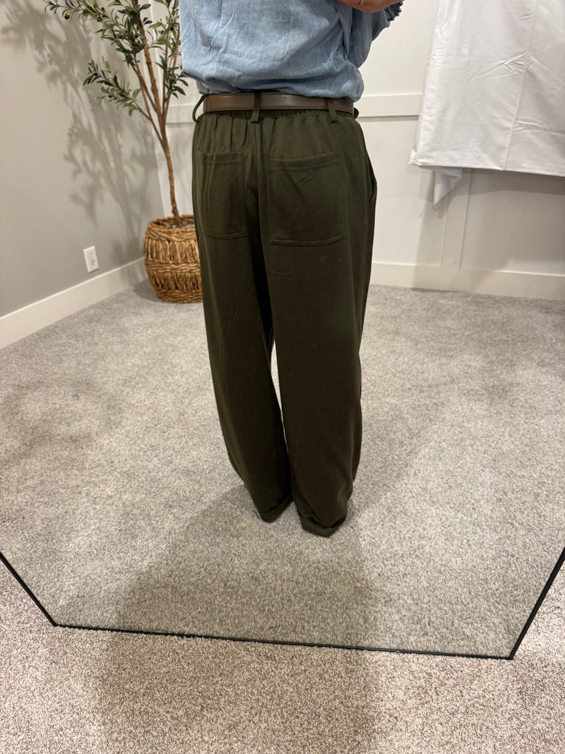 Tailored Wide Leg Knit Sweatpants | Olive