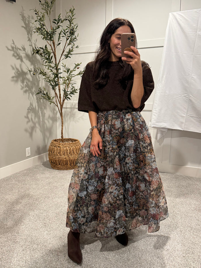 Floral Print Organza Pleated Midi Skirt