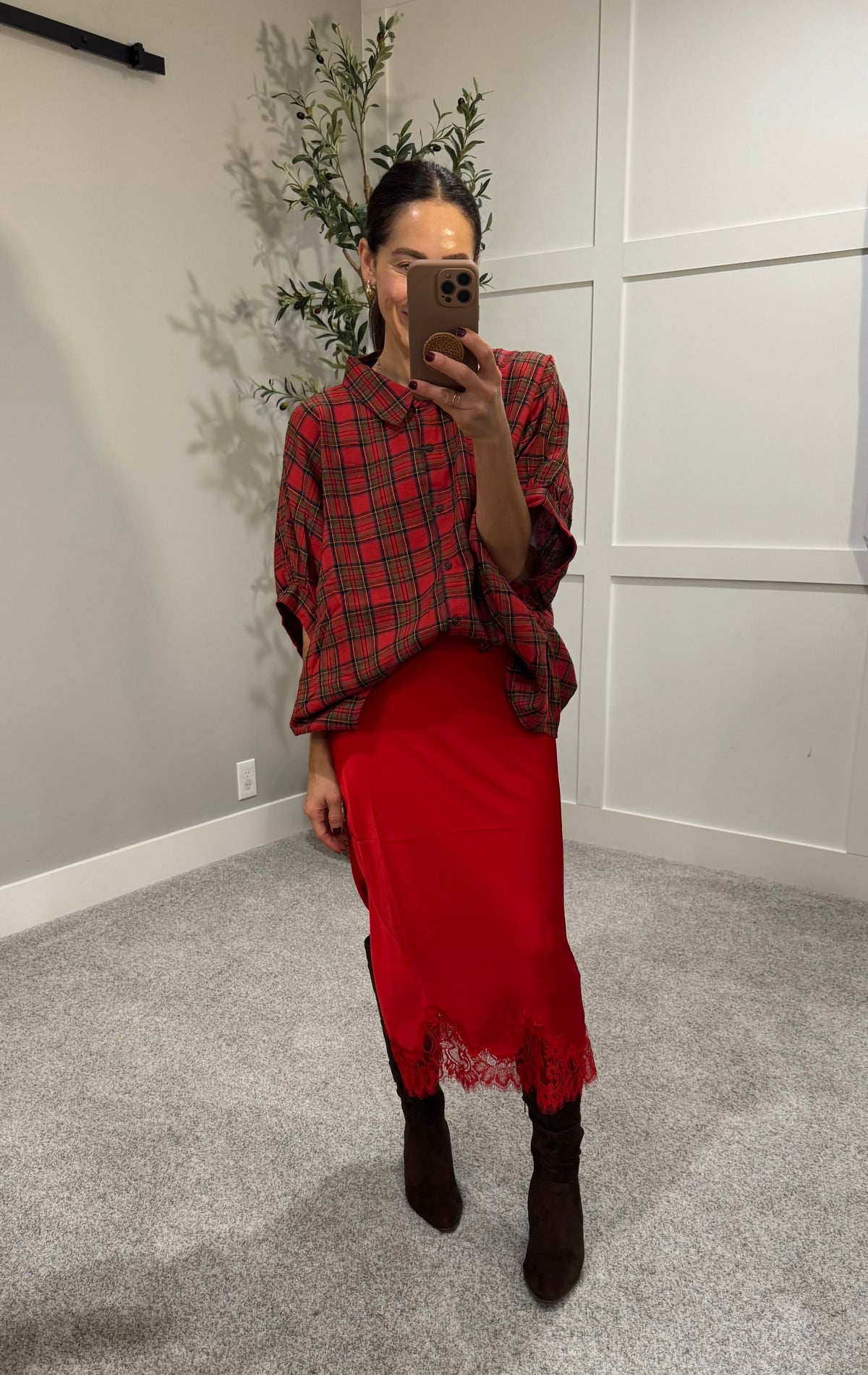 Satin Lace Trim Skirt | Red