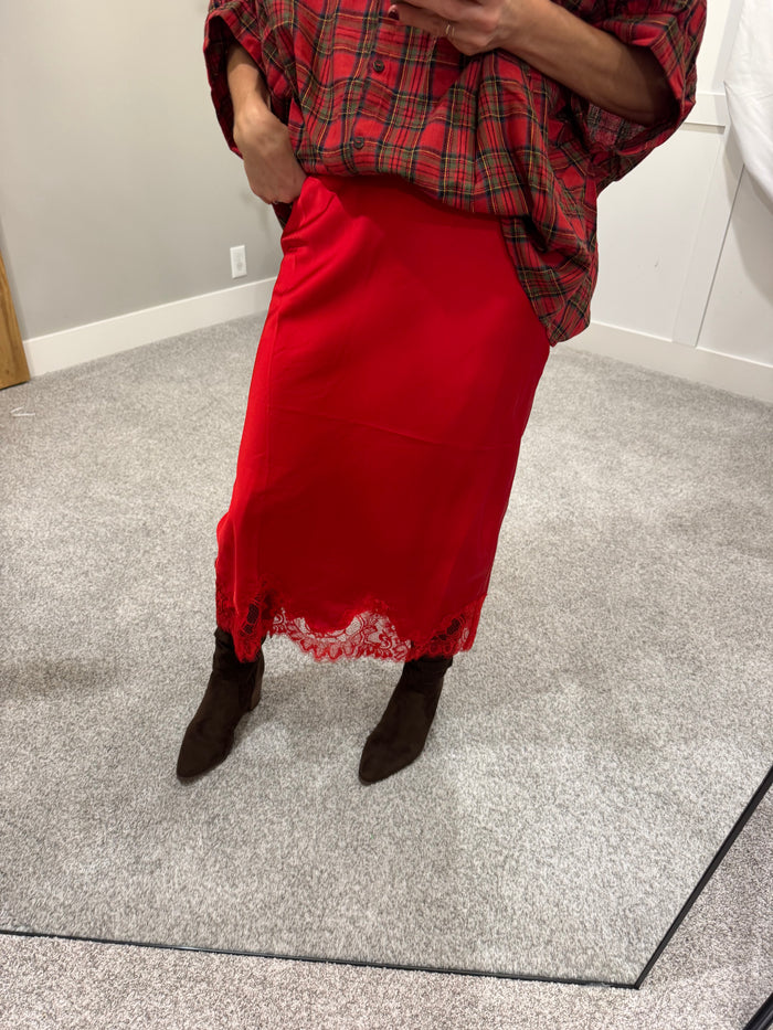 Satin Lace Trim Skirt | Red