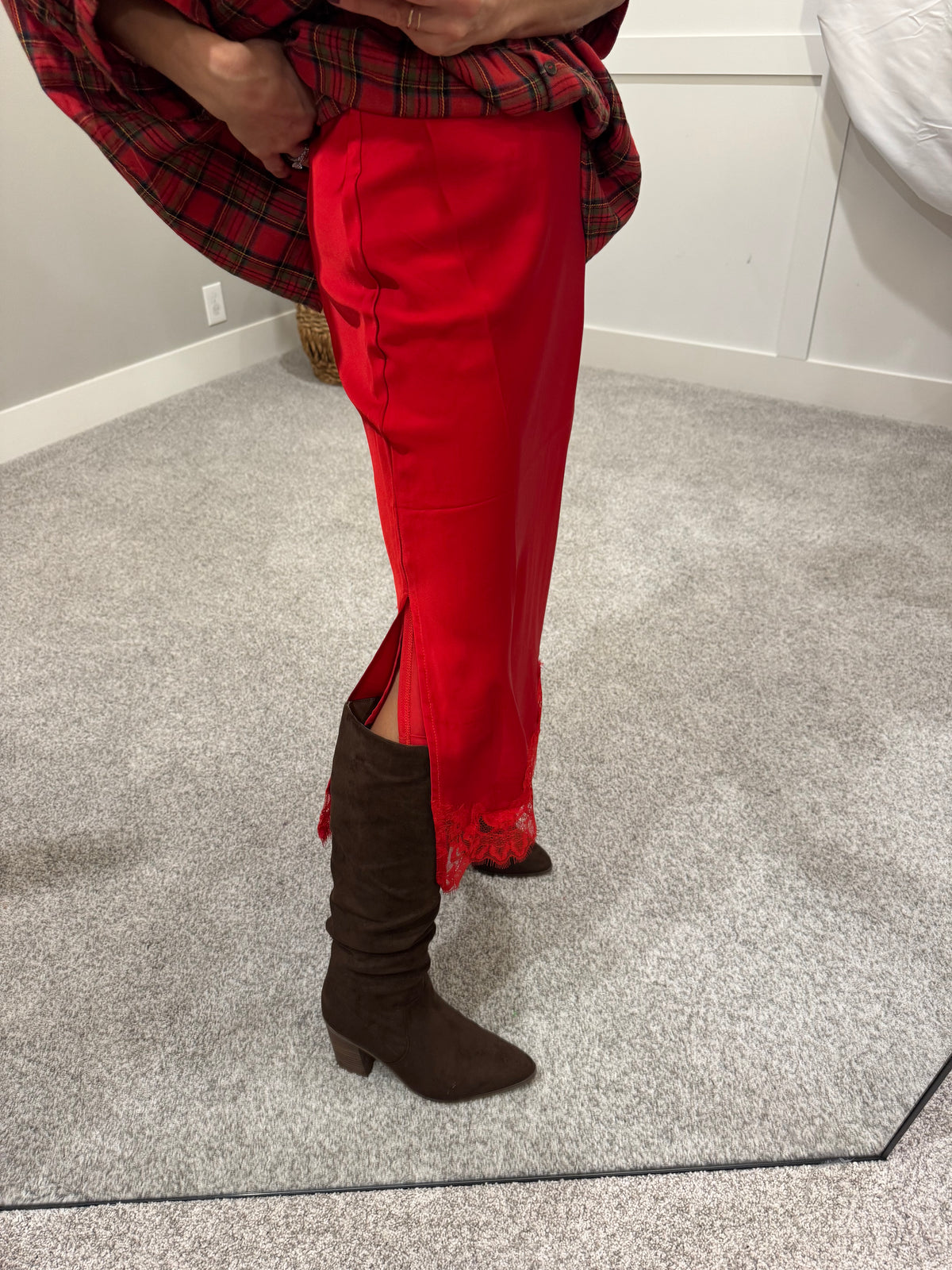 Satin Lace Trim Skirt | Red