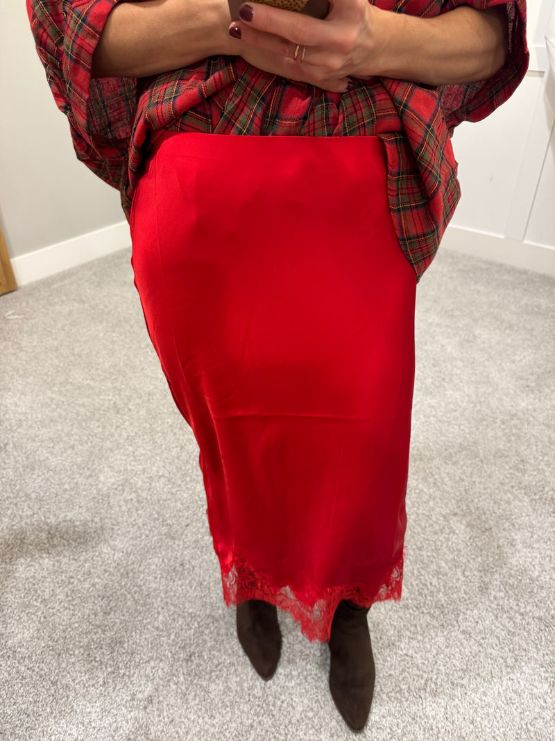 Satin Lace Trim Skirt | Red
