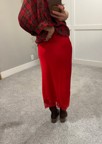 Satin Lace Trim Skirt | Red