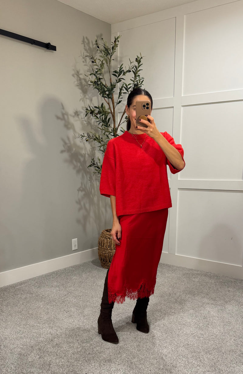 Satin Lace Trim Skirt | Red