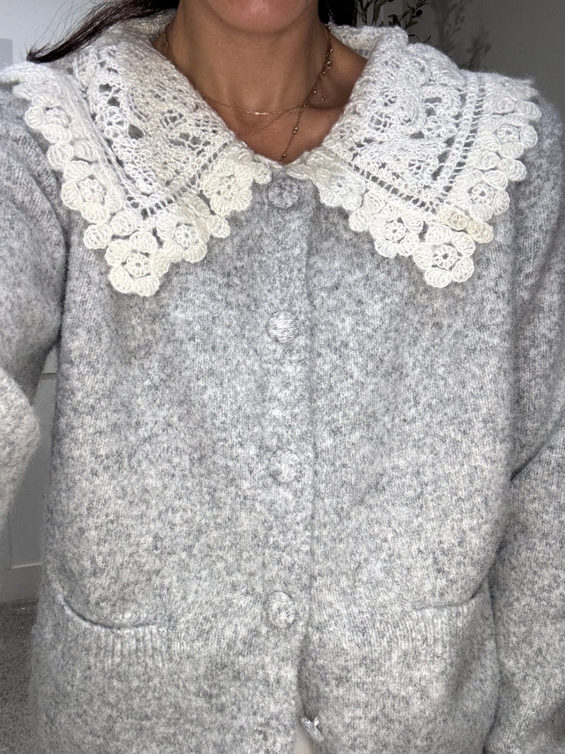 Lace Collar Cardigan | Gray
