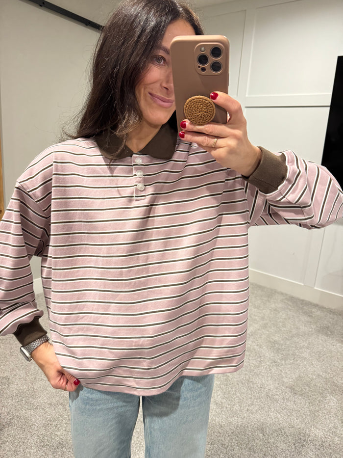 Theta Quarter Button Stripe Collared Top | Mauve & Brown