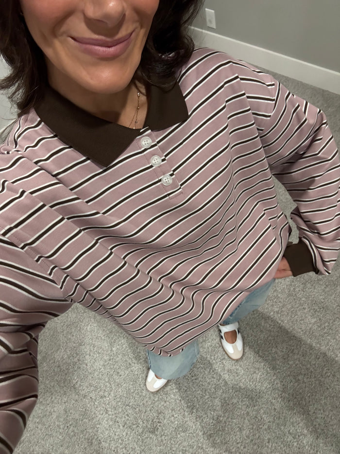 Theta Quarter Button Stripe Collared Top | Mauve & Brown