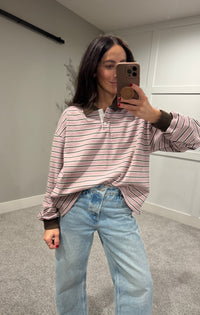 Theta Quarter Button Stripe Collared Top | Mauve & Brown