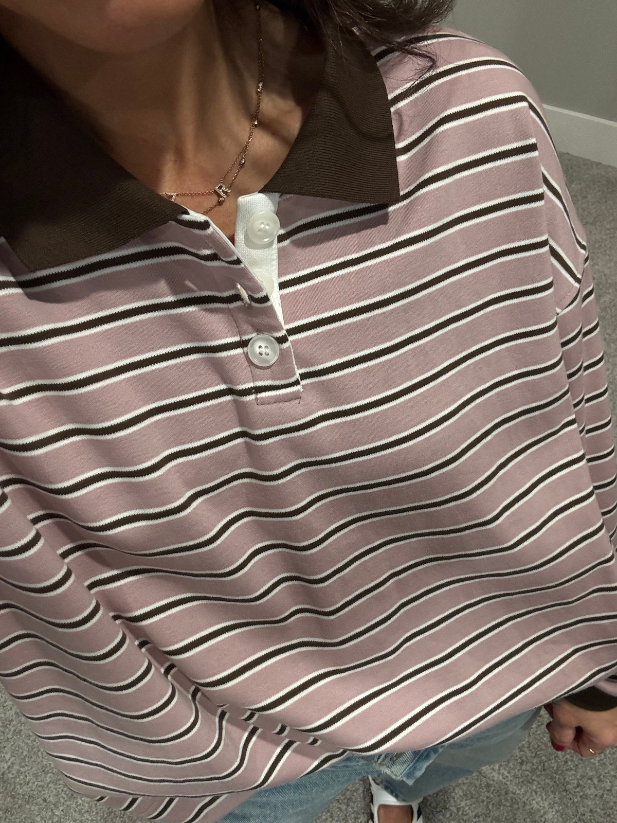 Theta Quarter Button Stripe Collared Top | Mauve & Brown