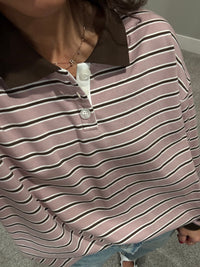 Theta Quarter Button Stripe Collared Top | Mauve & Brown