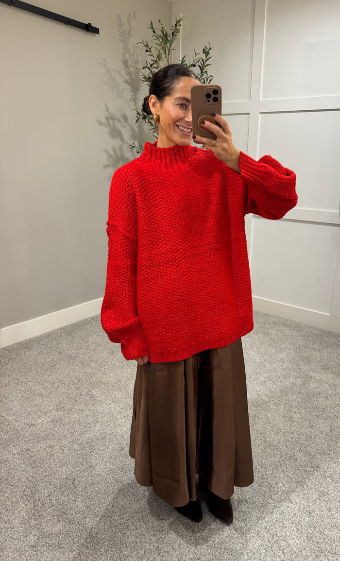 Crochet-Knit Oversized Mock-Neck Sweater | Cherry Tomato