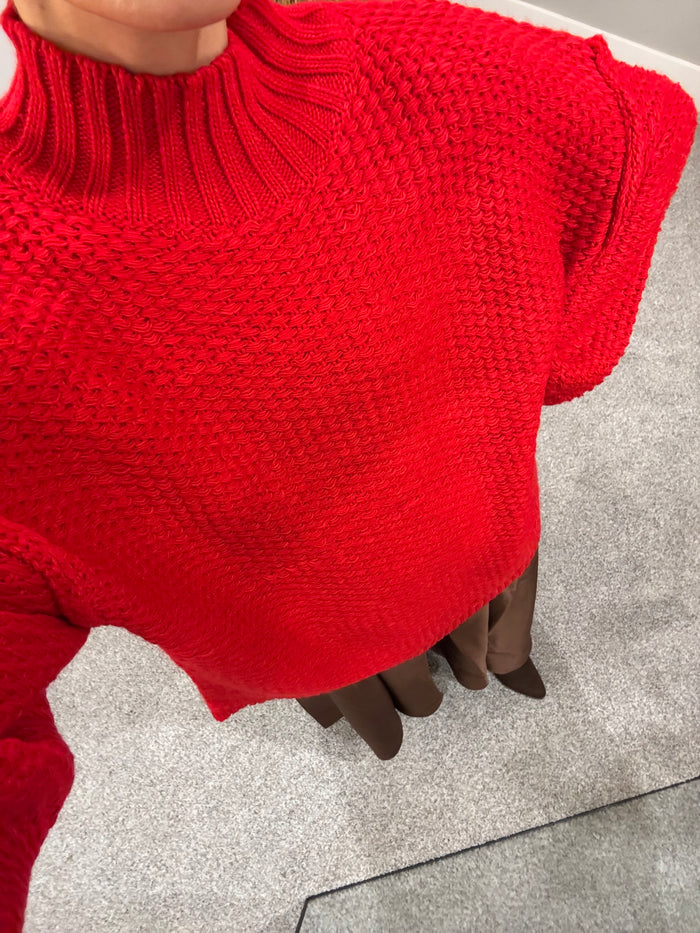 Crochet-Knit Oversized Mock-Neck Sweater | Cherry Tomato