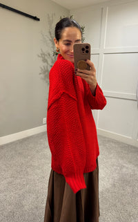 Crochet-Knit Oversized Mock-Neck Sweater | Cherry Tomato